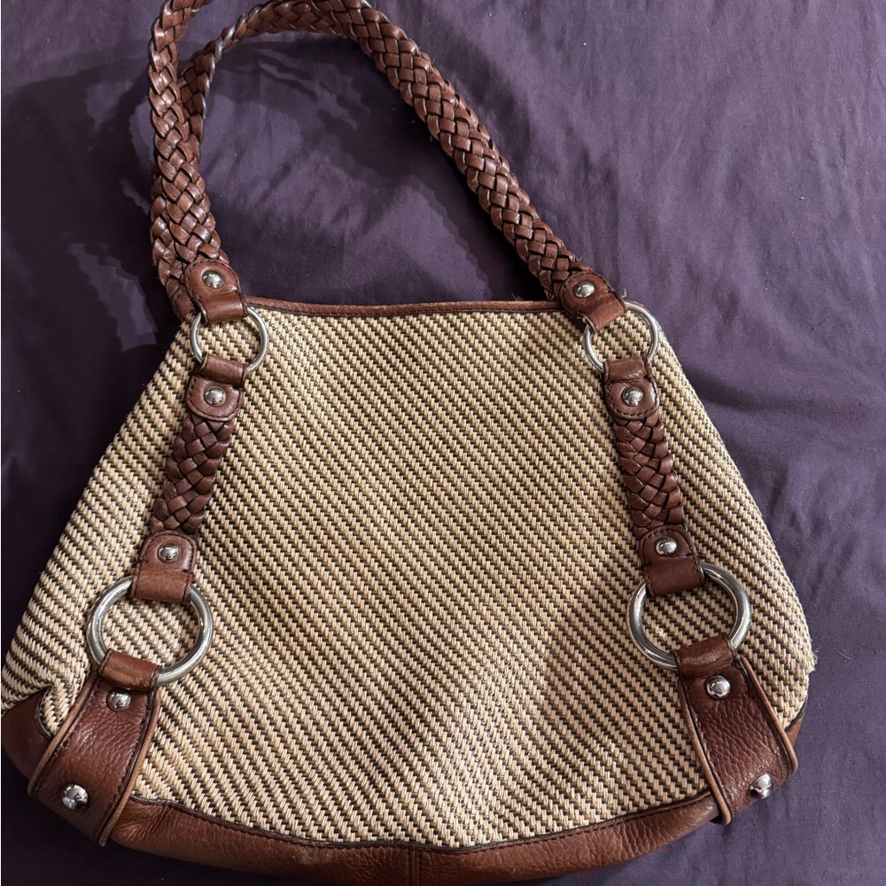 Banana Republic Tan Braided Woven/Leather Shoulder Bag with Nickel Accents